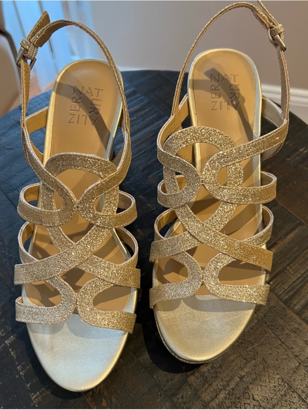 Naturalizer Cameron Gold Glitter Strappy Block Heels